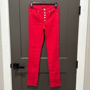 High Rise Red Buttonfly Skinny Jean
